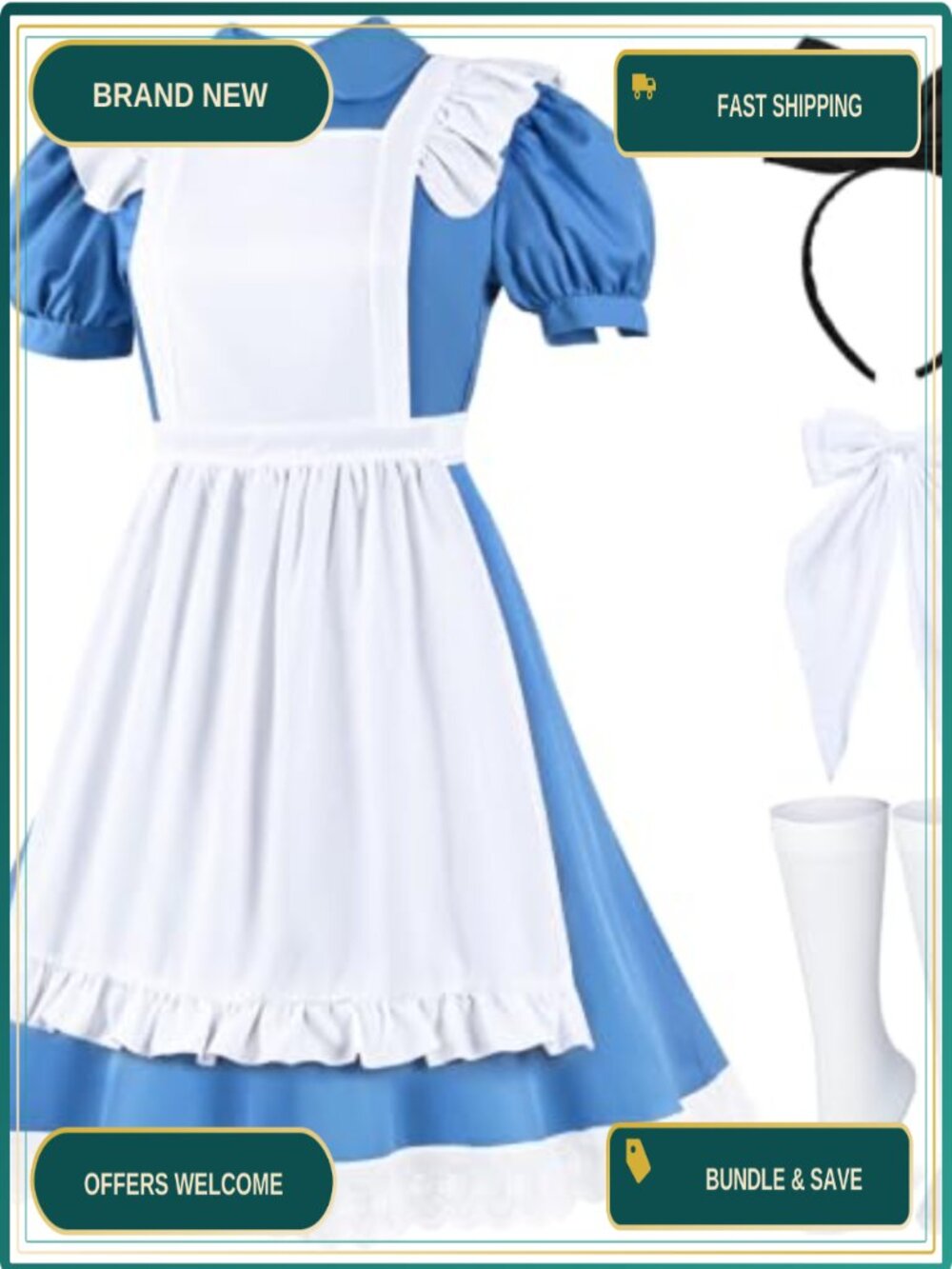 5 Piece Princess Costume Set Dress Apron Headband Socks Cosplay